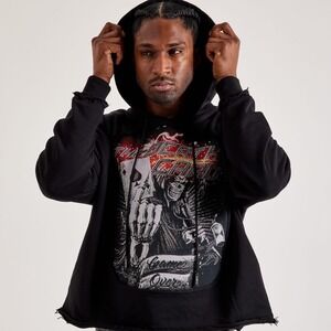Majestik Mens The Death Card Rhinestone Tapestry Patch Cropped Hoodie Black M